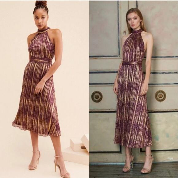 ML Monique Lhuillier Metallic Pleated Halter Midi Cocktail Dress Purple Gold 2 - Picture 1 of 14